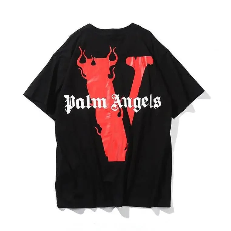 Vlone X Palm Angels Red‑Black Graphic Short‑Sleeve T‑Shirt